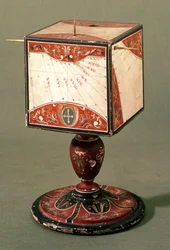 Relógio de sol cúbico mostrando o tempo nos antigos sistemas de horas italianos, babilônios e judeus, florentino, c. 1560 (cinomose na madeira) (ver também 260952)